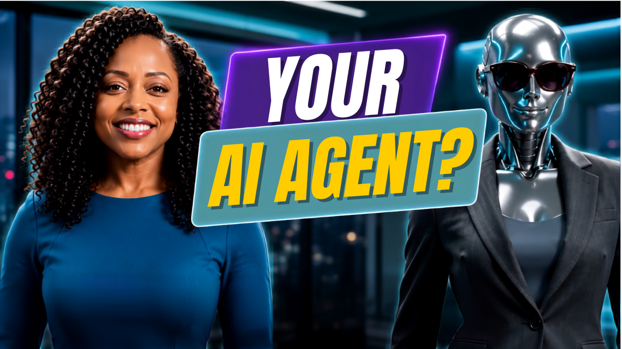 Dr. Renée Walker standing beside a futuristic AI agent while discussing what AI agents are and whether you should use one.