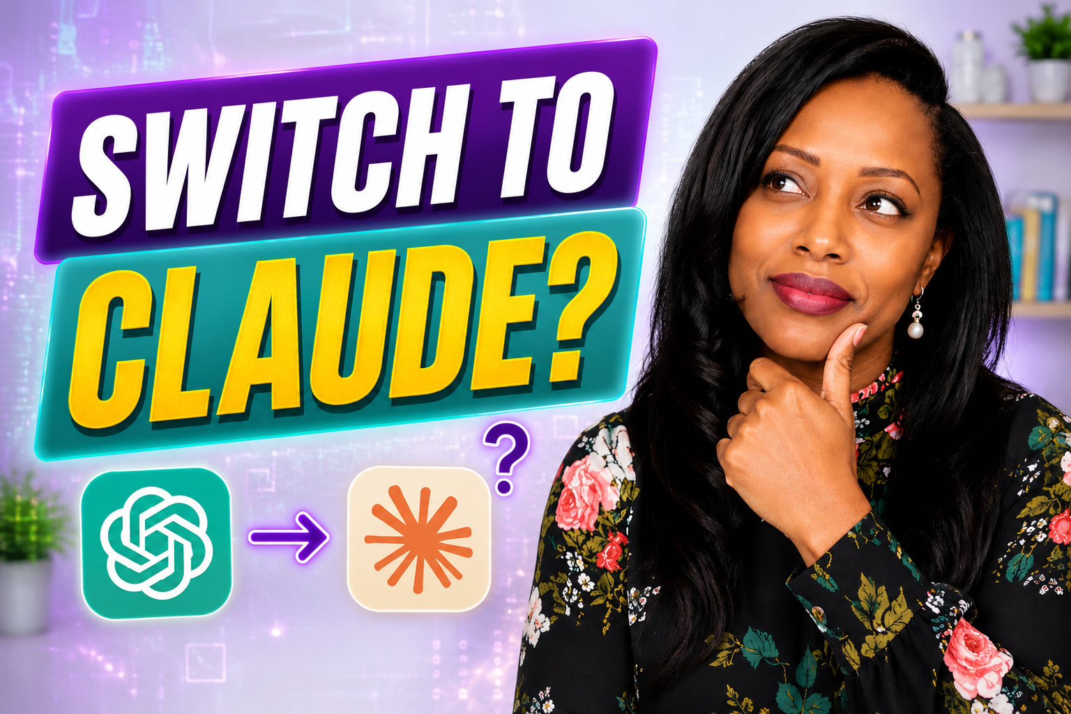 Dr. Renée Walker in a floral blouse with a thoughtful expression beside ChatGPT and Claude AI logos and the text "Switch to Claude?"