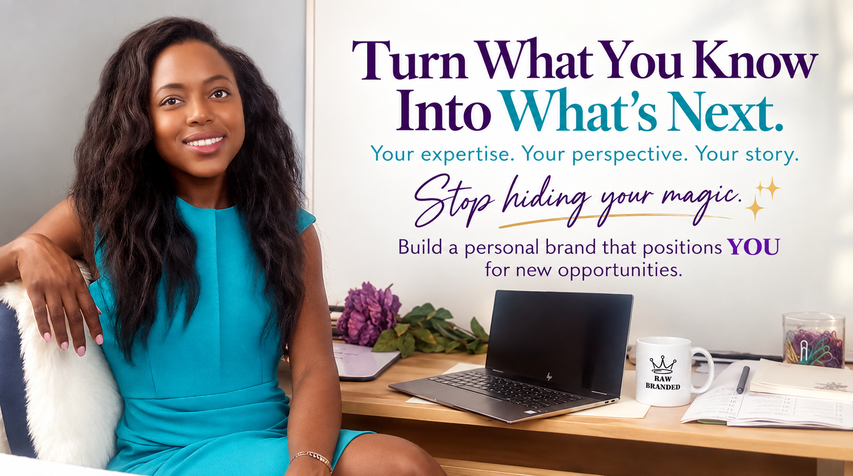 Branding and marketing consultant in New Jersey working at desk, representing personal brand strategy and coaching services for entrepreneurs.